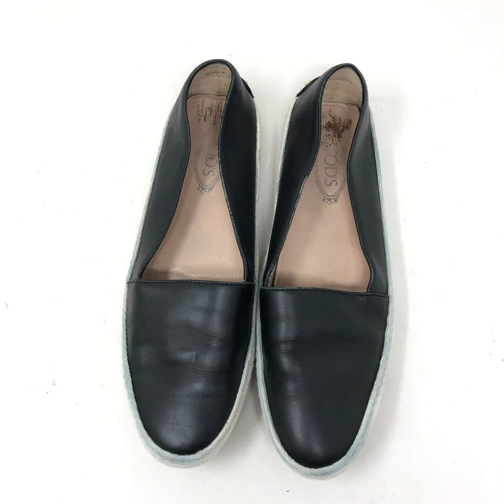 Tod's Womens 37 Espadrille Loafers Black Leather Gommino Driving Shoe
